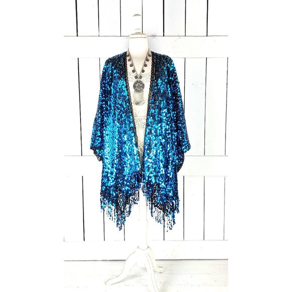 Blue black sequin kimono fringe duster cardigan fringe jacket - Picture 1 of 5